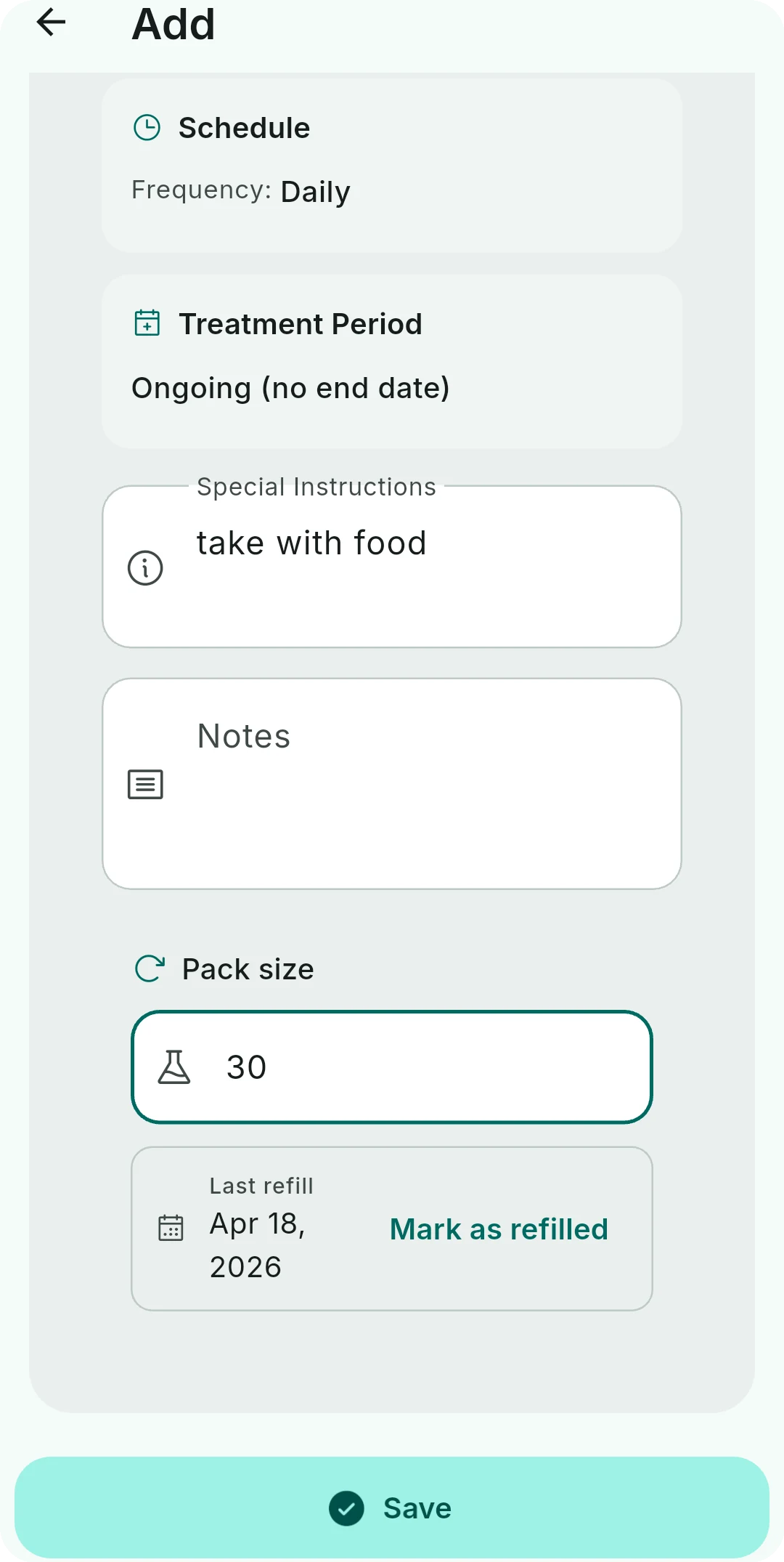 Add medication form with times, days, duration, cycle pattern and notes