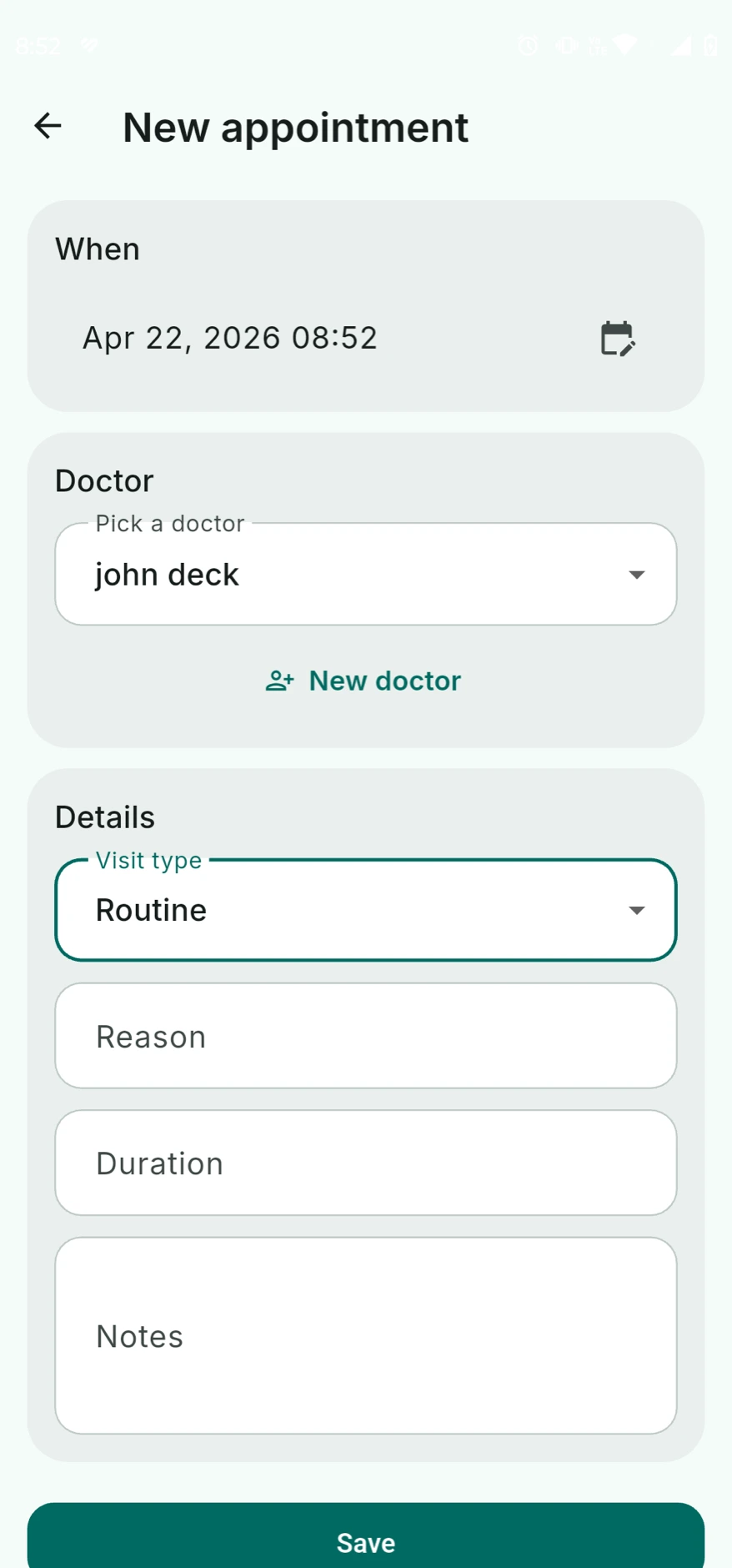 New appointment form with date picker, doctor selector, visit type and notes fields