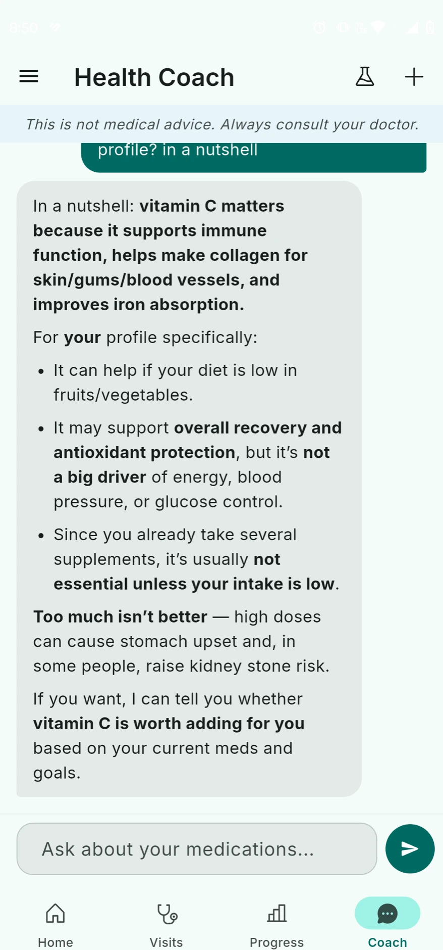 Health Coach answering a question about which vitamins to take, with bullet-point personalized advice
