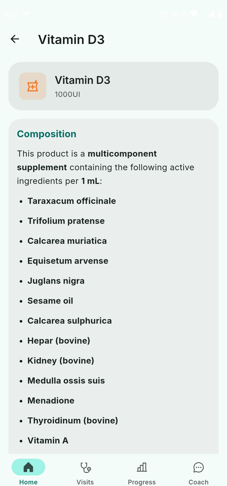 Medication detail page for Vitamin D3 showing composition, indications and how it works