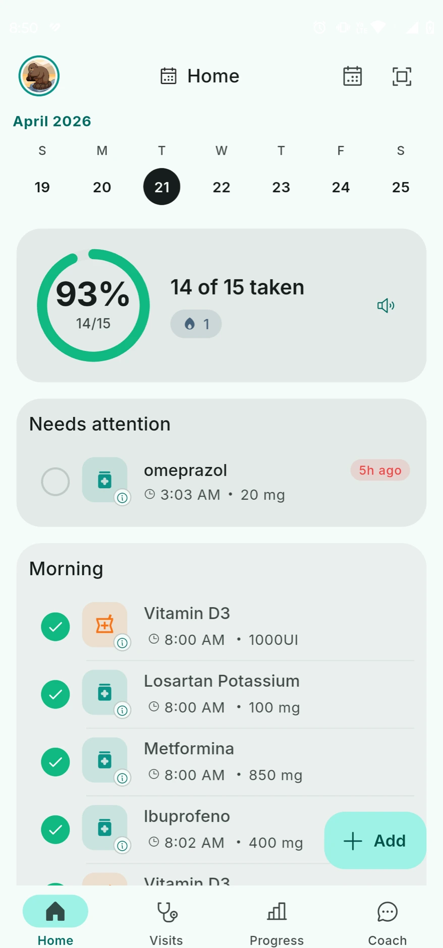 MedRemind home screen showing today's medication list with 94% adherence ring