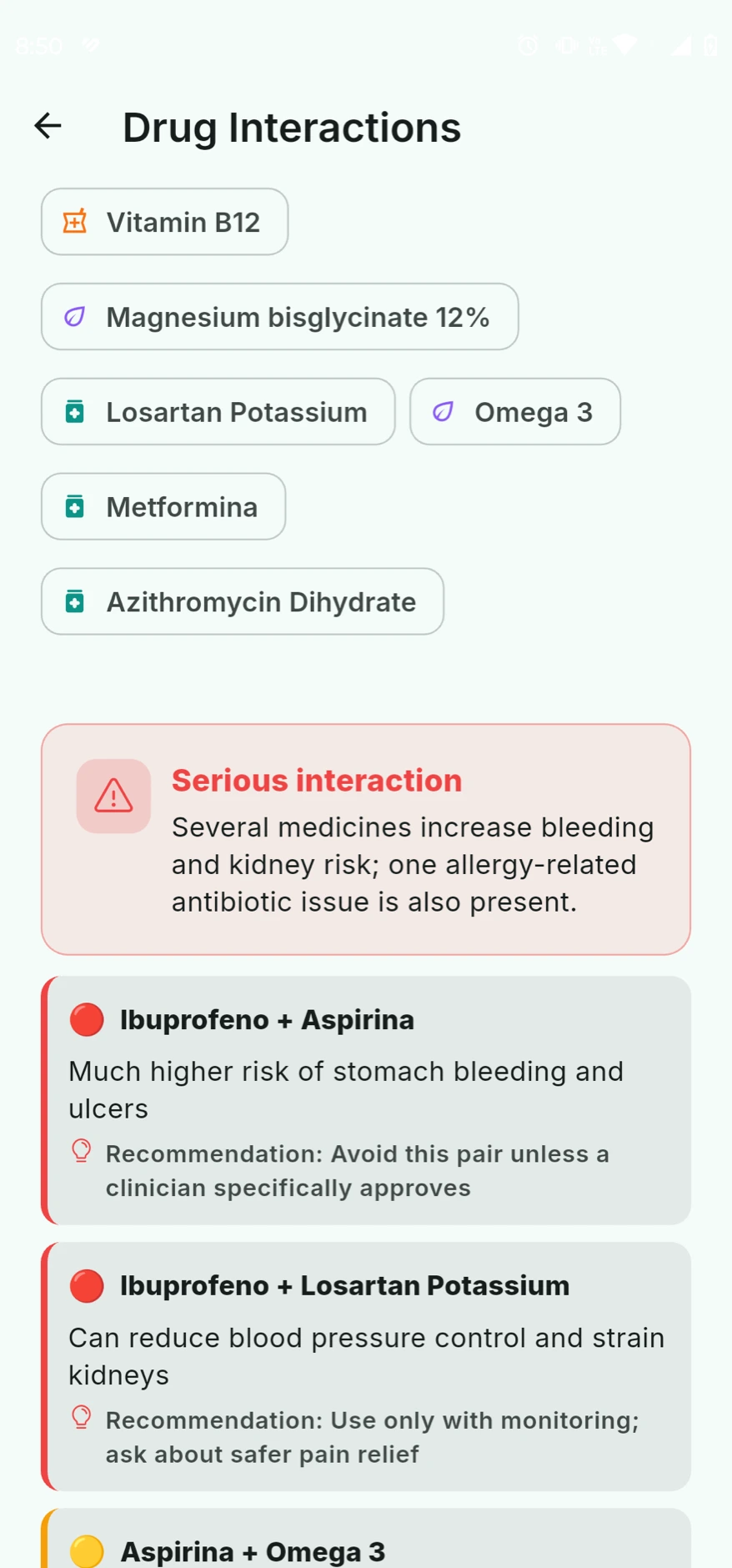 Drug interactions screen highlighting a serious interaction between Ibuprofen and Aspirin