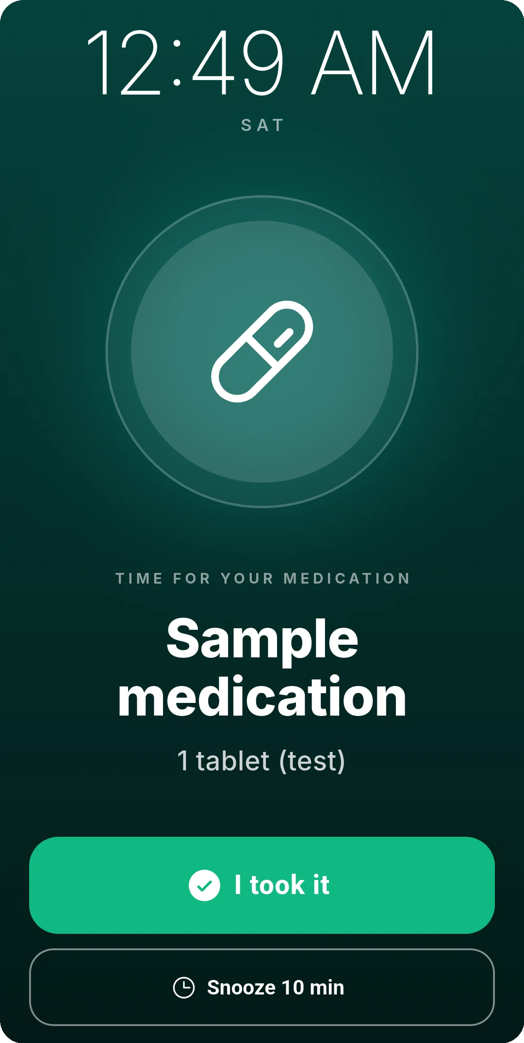 Phone lock screen showing a medication alarm without revealing the medication name