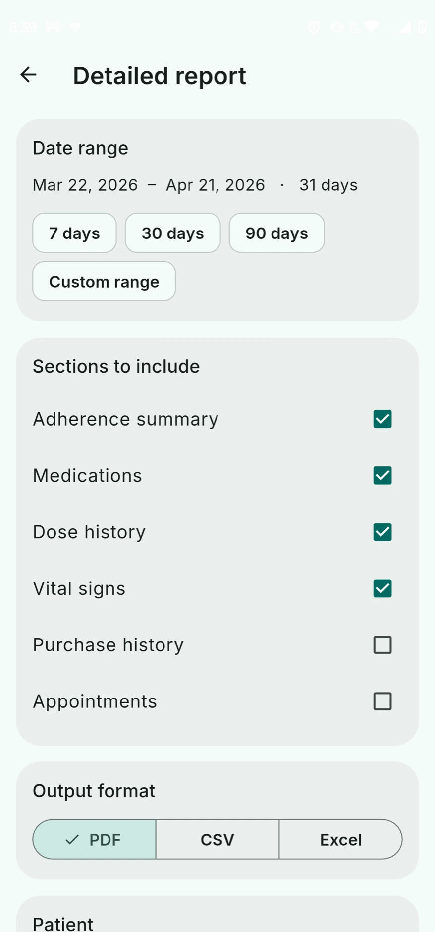 Report builder showing date range selector, sections to include and PDF, CSV, Excel output options
