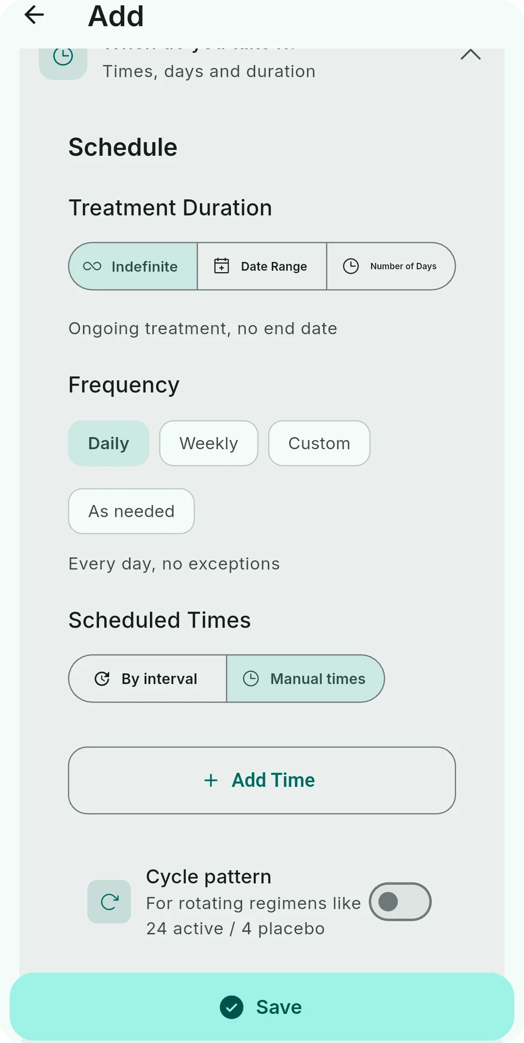 Advanced schedule screen showing frequency, manual times, 21/7 cycle pattern toggle, and add time button