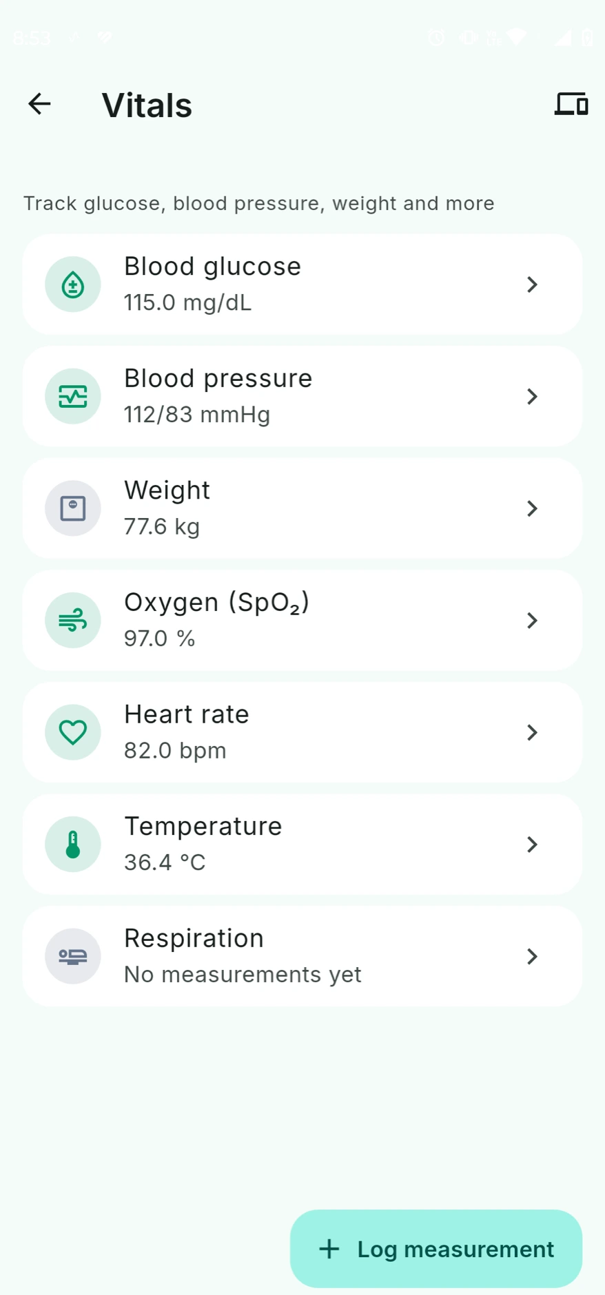 Vitals tracker showing blood glucose, blood pressure, weight, SpO₂, heart rate and temperature readings